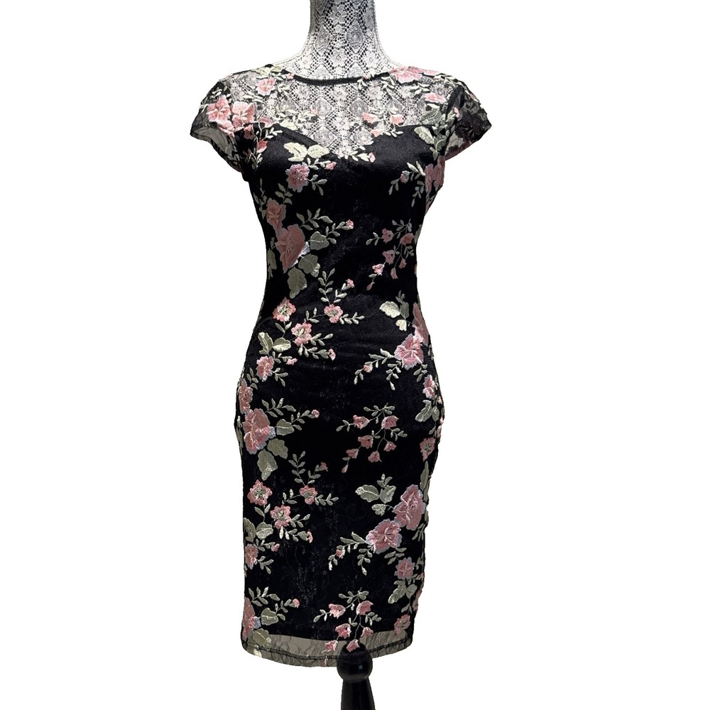 Lipsy London Dress US 4 Floral Embroidered Black & Pink floral  bodycon party